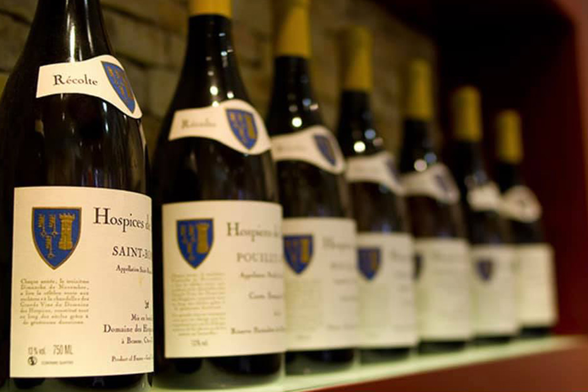 Hospices de Beaune wine bottles in a row